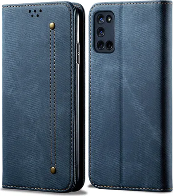 A blue flip-style phone case for an OPPO A52/A72/A92 is shown from the front and back.