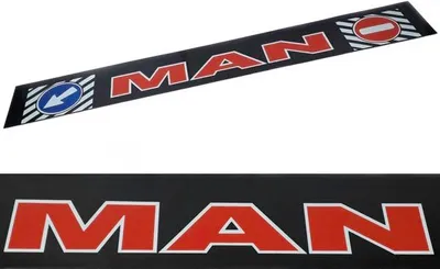 A long, black product with red and white lettering spelling out 'MAN'. There are also two traffic signs, one indicating a left turn and the other a 'no entry' sign.
