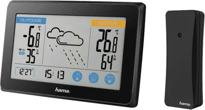 A black digital weather station and its remote sensor are displayed on a white background.