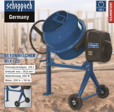A blue concrete mixer with a black motor unit is shown in a construction setting with wooden framing in the background. Text overlays provide product details and branding.