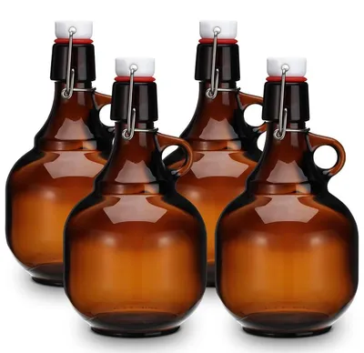Produktbild von 4er Set Bier-Glasflaschen Growler (1 L) – bernsteinfarbene Glasflaschen mit Deckel – für Bier, Saft, Cider & Wein, ideal für Fermentation und Aufbewahrung