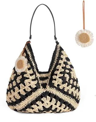 Produktbild von Ibenzoa® Geflochtene Strandtasche für Damen – große Korbtasche aus handgewebtem Rattan, 37×38×2 cm, 42 cm Schulterriemen, Beige, Reißverschluss