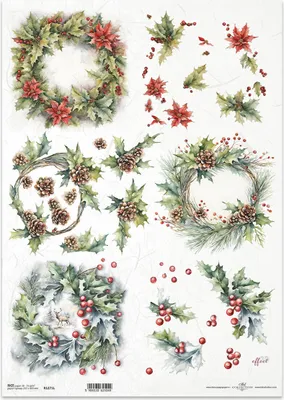 Produktbild von Reispapier Decoupage Bastelpapier für Decoupage A3 ITD-1271L Stechpalmengirlanden Tannenzapfen