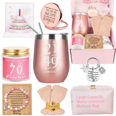 Immagine prodotto di Set regalo per il 70ยฐ compleanno di una donna, con bicchiere da vino, candela, calzini e altro