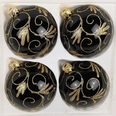Produktbild von 4 tlg. Glas-Weihnachtskugeln Set 10cm Ø in Hochglanz Schwarz Goldene Ornamente
