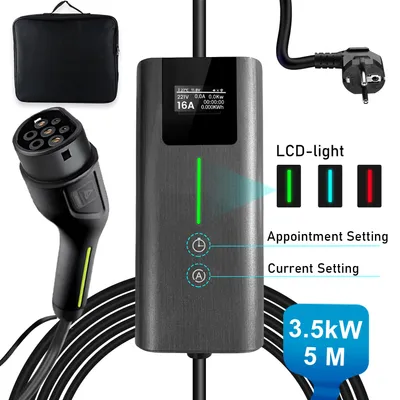 Obrázok produktu pre Hexinex Typ2 EV Prenosný nabíjací kábel pre elektromobily s ovládaním cez aplikáciu, 3,5 kW, nastaviteľný prúd 6A/8A/10A/13A/16A, 5 metrov, konektory CEE a Schuko