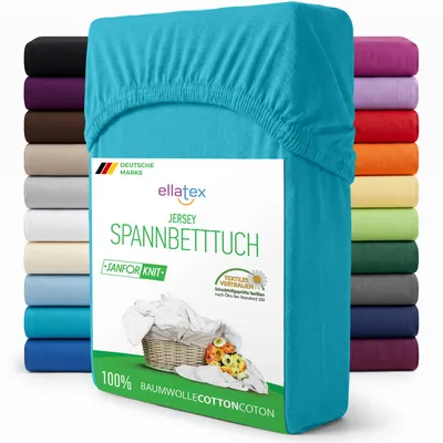 Produktbild von EllaTex Jersey Spannbettlaken 180x200–200x220 Baumwolle – Spannbetttuch mit 40cm Steg für Boxspring & Wasserbett, in Farbe: Türkis