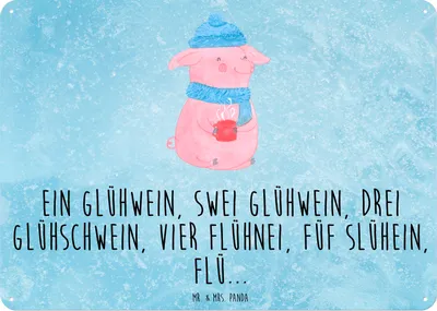 Produktbild von Mr. & Mrs. Panda Wandbild Schweinchen Glühwein DIN A6 - Eisblau - Geschenk, Weihnachtsmarkt, Blechschild, Türschild, Betrunken, Spruch, Schild, Magnetschild, Weihnachten