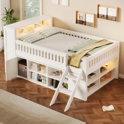 Imagen del producto de Cama de madera Flieks de 140x200 cm con escalera y barandilla de seguridad, cama doble con iluminación LED, cama nido con espacio de almacenamiento, color blanco, material: MDF y pino