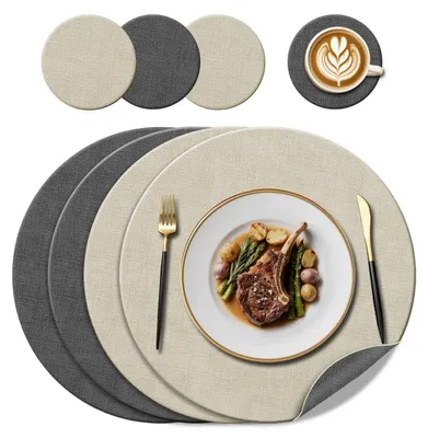 Obrázok produktu pre Sada 4 podtáckov tmavosivej/krémovej farby, vzhľad kože, priemer 38 cm