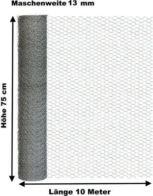 Produktbild von Hasendraht verzinkt 75cm x 10m Sechseckdraht Tauben- Vogel- Kaninchen-draht 13mm
