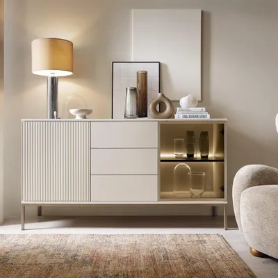 Produktbild von Moderne Geriffelte Kommode LAGOS K2D3SZ Kaschmir Matt LED Champagner Gestell Schrank Sideboard