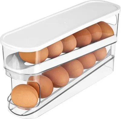 Obrázek produktu pro Unyqoos® Úsporný, dvoustupňový dávkovač vajec do lednice a na pracovní plochu – průhledný, potravinářsky nezávadný držák na vejce z PP, stohovatelný, pojme až 14 vajec
