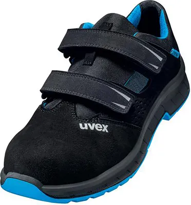 A black and blue work shoe with velcro straps.