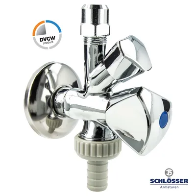 A chrome-plated water valve with two handles and a hose connector, set against a white background. A circular certification logo is visible in the upper left corner, and a brand logo is in the lower right corner.