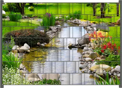 Produktbild von Wallario Zaunsichtschutz mit Motiv Blumen am Teich für Ein- und Doppelstabmatten Zäune in der Größe 200 x 140 cm