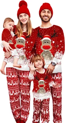 Image de ASKSA Noël Famille Pyjama Set Pyjama long manches Nuit Mignon Imprimé Elan Col rond Plaid Pyjama,Rouge foncé,Maman,S