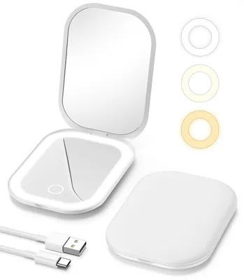Produktbild von LED-Make-Up-Spiegel 1 Stück, Dreifarbiges Licht, USB-Aufladbarer Klappspiegel Für Unterwegs