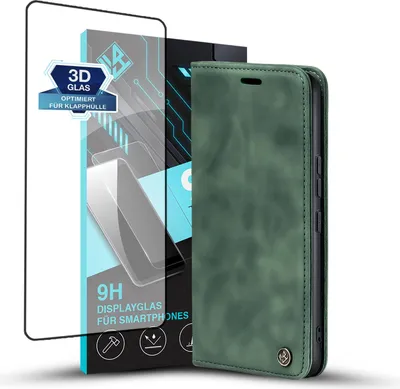 Produktbild von Handy Hülle für Xiaomi 15 Ultra mit 9H Displayglas Klapphülle Bookcase Flip Cover Handy Tasche Etui Farbe: Grün