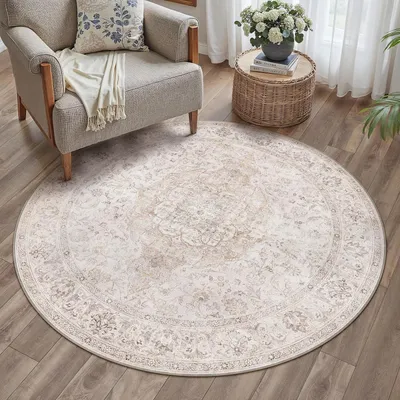 Productafbeelding van Vintage vloerkleed van rundervacht, wasbaar, korte pool, 120 cm, beige