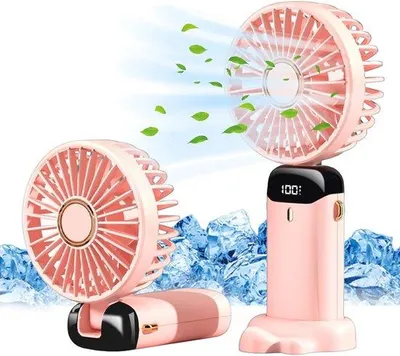 Obrázok produktu pre Ručný ventilátor do domácnosti, do spálne, bezdrôtový, nabíjateľný cez USB, 5 rýchlostí, LED displej, prenosný, ružový