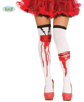 Produktbild von Blutverschmierte Kniestrümpfe für Damen Halloweenkostüm-Accessoire weiss-rot