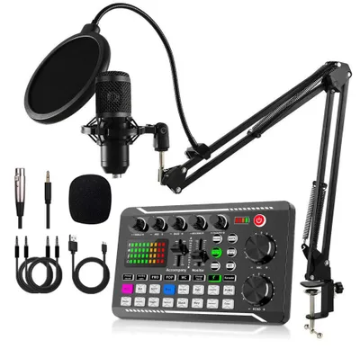 Obrázek produktu pro Kompletní sada pro podcasty – audio rozhraní typu „vše v jednom“ se studiovým kondenzátorovým mikrofonem – pro podcasty, nahrávání, streamování, zpěv – černá
