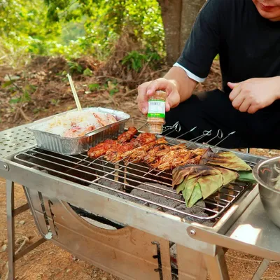 Obrázek produktu pro Gril na dřevěné uhlí – stolní gril – skládací a přenosný – včetně tašky – nerezová ocel – stříbrná barva