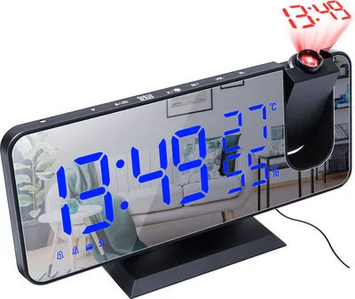 Produktbild von Digitaler Projektionswecker mit verspiegelter Oberfläche, 4-in-1, 180° Projektoruhr, Innentemperatur-/Feuchtigkeitsmonitor, FM-Radio, Telefonladegerät