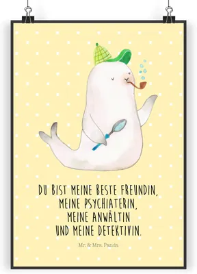 Produktbild von Mr. & Mrs. Panda Bild Robbe Sherlock DIN A5 - Gelb Pastell - Geschenk, Lustige Sprüche, Wanddekoration, Wandbild, drucke, Plakat, wanddeko