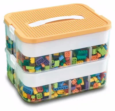 Produktbild von Aufbewahrungsbox mit Deckel für Lego, transparente Sortierbox, Boxen für Bausteine, stapelbare Kunststoffboxen mit Fächern zur Aufbewahrung von Legosteinen, Kleinteilen und Bastelmaterialien.