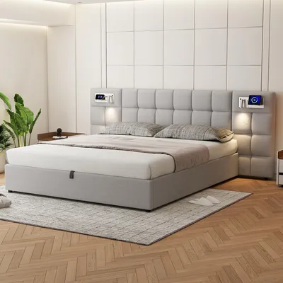Produktbild von okwish Boxspringbett Polsterbett 180 x 200 cm mit Bettkasten Stauraum, Funktionelles Hydraulisches Stauraumbett mit Beleuchtung,USB-Ladeanschluss&Kabelloses Lade(Ohne Matratze)- Grau