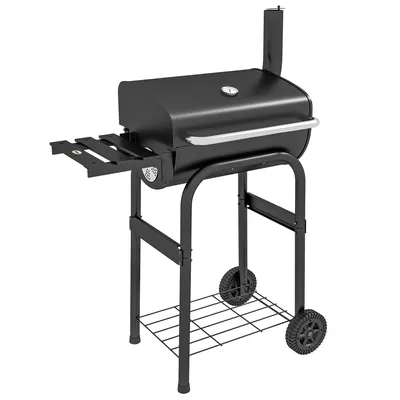 A black charcoal grill with a lid, side shelves, and wheels, shown on a white background.