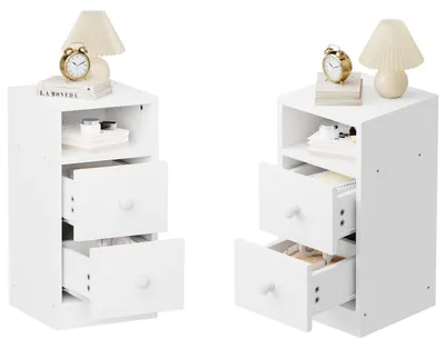 Image de Ensemble de deux tables de chevet blanches en MDF, avec tiroirs et étagère, dimensions 25x30x60 cm
