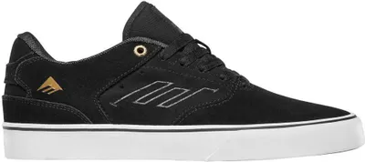 A single black skate shoe with gold accents is shown against a white background.