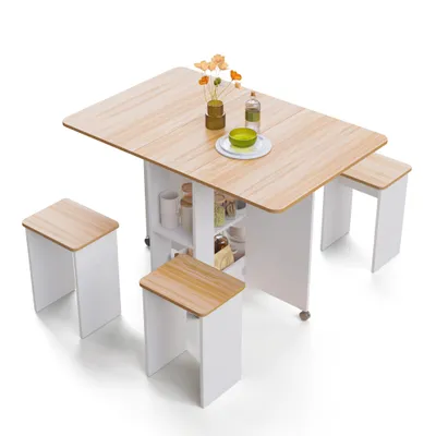A dining set with a table and stools on a white background.