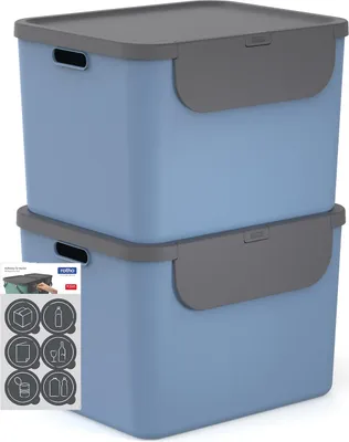 Produktbild von Rotho 2er-Set Mülltrennsystem je 55L Albula - Mülleimer mit Frontklappe - Abfalleimer 40,0 x 48,9 x 34,0 cm - Müllbehälter mit Deckel und Griffen - Inkl. Aufkleberne