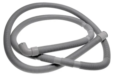 A gray corrugated drain hose for a washing machine is laid out in a loop on a white background.