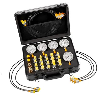 Zdjęcie produktu dla Zestaw do testowania ciśnienia hydraulicznego firmy SucceBuy, wyposażony w urządzenia pomiarowe do zakresu 10/60/160/400/600 bar. Kompletny zestaw zawiera 5 manometrów, 20 złączek, 4 szybkozłączki i 3 węże, idealny do koparek i maszyn budowlanych