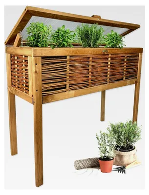 Produktbild von Weidenhochbeet 100x40x80 cm – Hochbeet aus lasiertem Fichtenholz mit geflochtenen Weidenelementen, Polycarbonat-Abdeckung, Pflanzvlies – Geeignet für Balkon, Terrasse und Garten