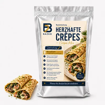 Produktbild von Bazko 1 kg Backmischung für herzhafte Pfannkuchen, Crêpes Mix, KI-generiertes Bild