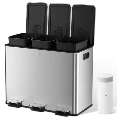 Produktbild von 45L Mülleimer Küche, 3-Fach Abfalleimer mit Pedalen aus Edelstahl mit 20 Müllbeuteln und Herausnehmbaren Inneneimern
