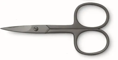 A pair of gray scissors on a white background.