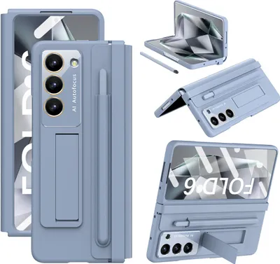 Image de Etui de protection pour Samsung Galaxy Z Fold 6 étui en cuir avec charnière en cuir, protection d'écran, support et porte-stylo bleu