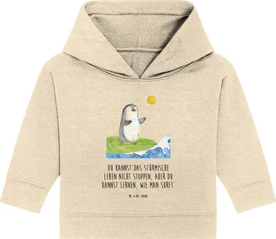 Produktbild von Mr. & Mrs. Panda Organic Baby Hoodie Pinguin Surfer 24. - 36. Monat - Natural Raw - Geschenk, Hawaii, Kapuzensweatshirt, Optimistisch, Urlaub, Surfen, Portugal, Motiviert