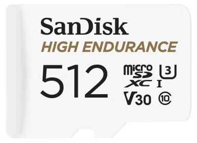Imagen del producto de Tarjeta de memoria SanDisk High Endurance (incluye adaptador de microSDXC a SD) - 512 GB - Clase de video V30 / UHS-I U3 / Clase 10 - microSDXC UHS-I