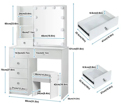 Image de Table de maquillage - Table de coiffure pour chambre à coucher - Style moderne - 6 tiroirs - Éclairage miroir LED réglable en intensité et avec 3 couleurs - Tabouret - Blanc