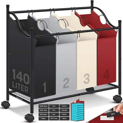 Produktbild von Famanu Wäschekorb mit 4 abnehmbaren Stofftaschen und 360° Rollen - effizientes Wäschesortiersystem