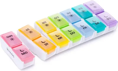 Produktbild von SUKUOS Pillendose 7 Tage 2 fächer, Tablettenbox 7 Tage Morgens Abends, Klein Tabletten Wochenbox, Medikamentendosierer Woche - Abnehmbar