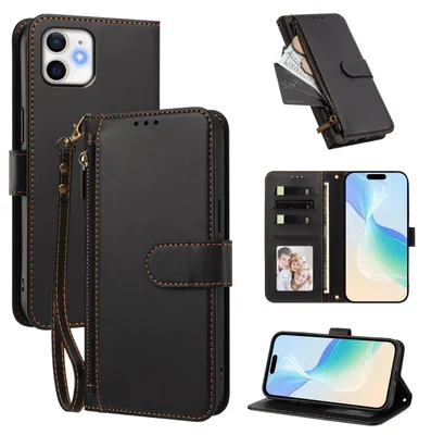 Obrázek produktu pro Peněženkové pouzdro pro iPhone 11,Polyuretankožené pouzdro s přihrádkami na karty, stojánkem a poutkem na ruku Černá